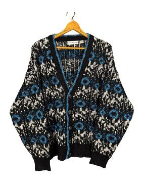 Vintage 90s Grandpa Cardigan Sweater Black Blue Patterned Knit Cardigan Eclectic